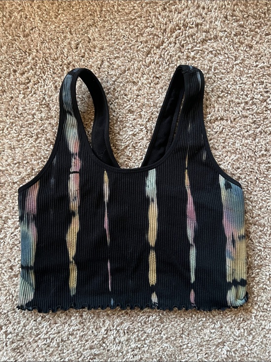 Spiritual Gangster Tops - Spiritual Gangster Black Ribbed Crop Tank Top with Tie-Dye Stripes